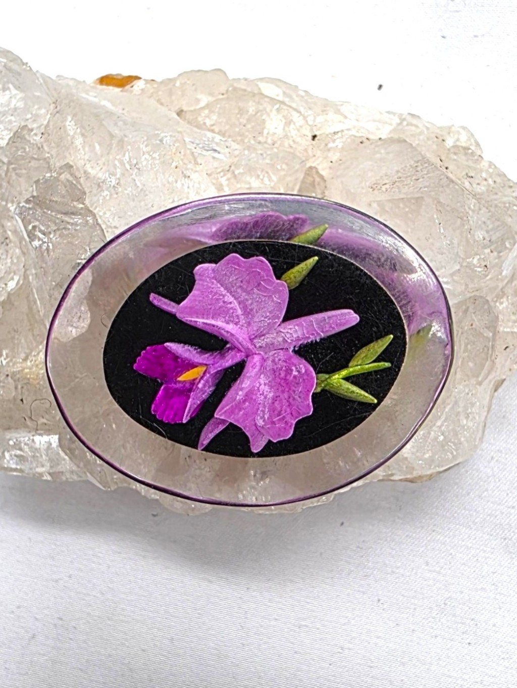 Vintage 1940s Reverse Carved Lucite Orchid Brooch Hand Painted Floral Pin